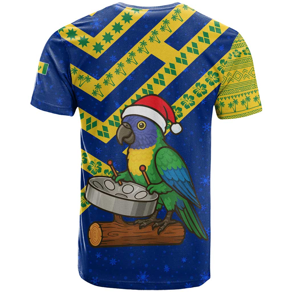 Saint Vincent and the Grenadines Christmas T-Shirt with Parrot Playing Steelpan and Tropical Pattern Design Graphic Tee
