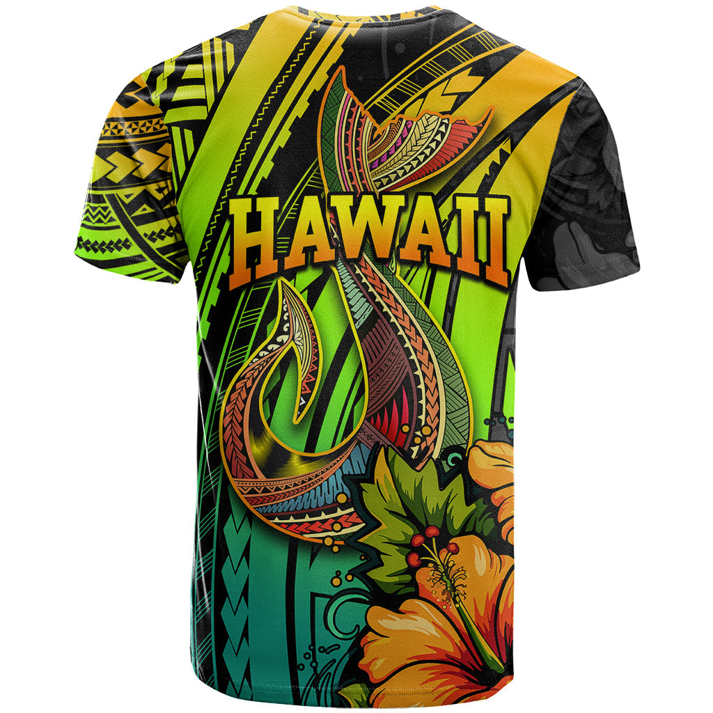 Hawaii T-Shirt Polynesian Fish Hook and Hibiscus Flowers with Gradient Pattern Graphic Tee