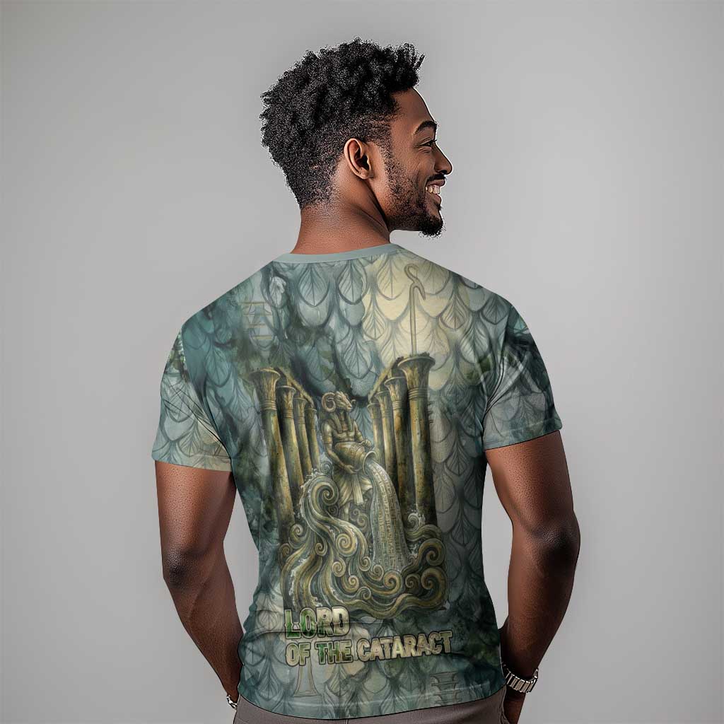 Khnum Ancient Egyptian T-Shirt with Smoky Leaf, Ram Head Emblem, and Guardian of the Cataract Graphic Tee