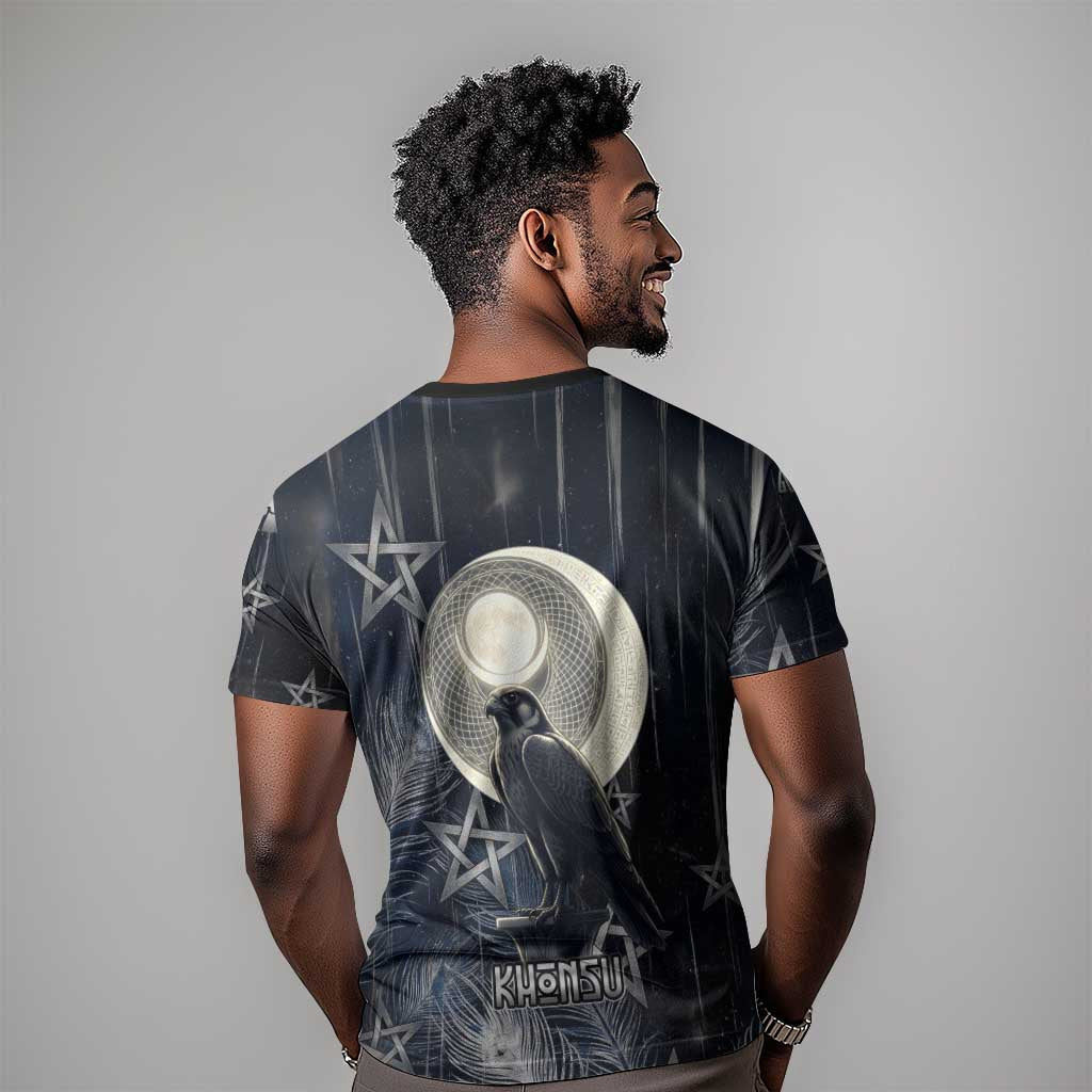 Khonsu T-Shirt Ancient Egyptian Dark Feather Pattern, Moonlit Raven Symbol, and Eye Lotus Graphic Tee