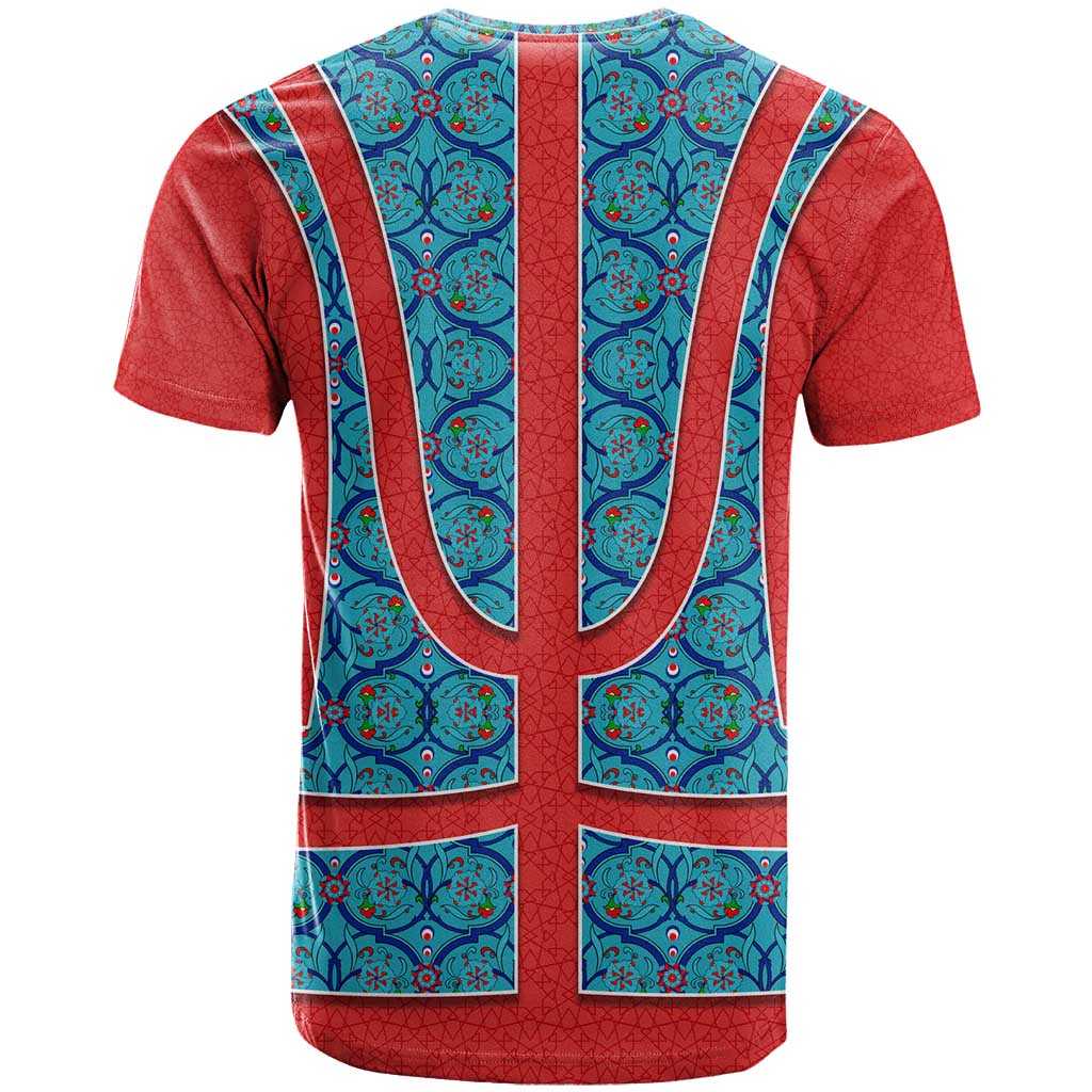 Blue Turkish Traditional Pattern and Red T-Shirt with National Flag Emblem Graphic Tee