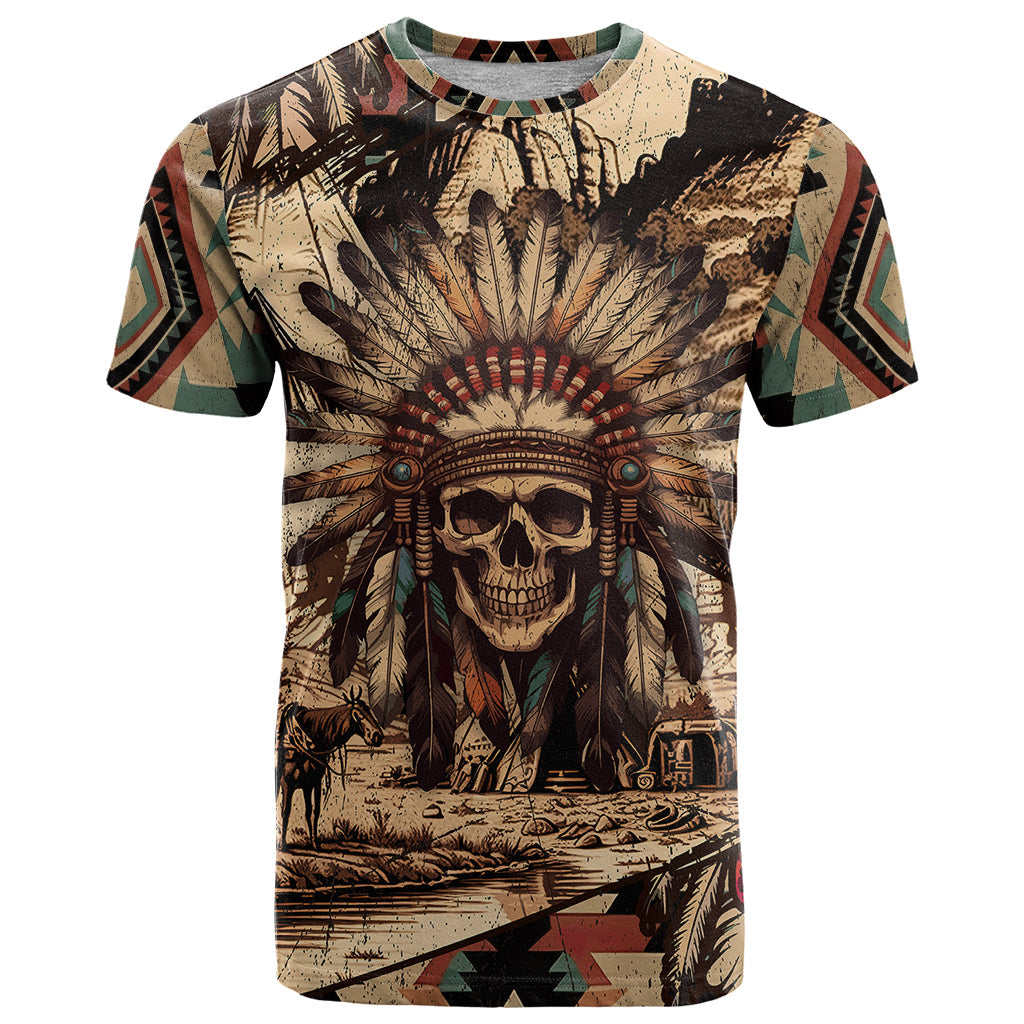 Native American Skull T-Shirt with Tribal Prints Graphic Tee