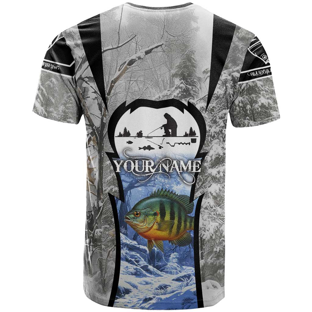 Custom Bluegill Ice Fishing Winter Camo T-Shirt with Snowy Forest Background Colorful Fish Graphic Tee