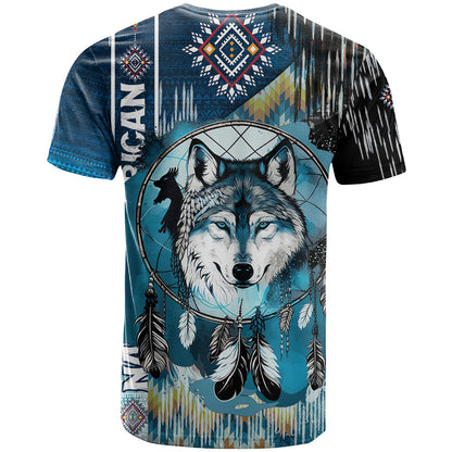 Native American Wolf Dreamcatcher Blue T-Shirt Graphic Tee