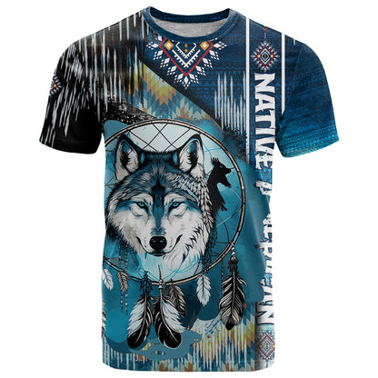 Native American Wolf Dreamcatcher Blue T-Shirt Graphic Tee