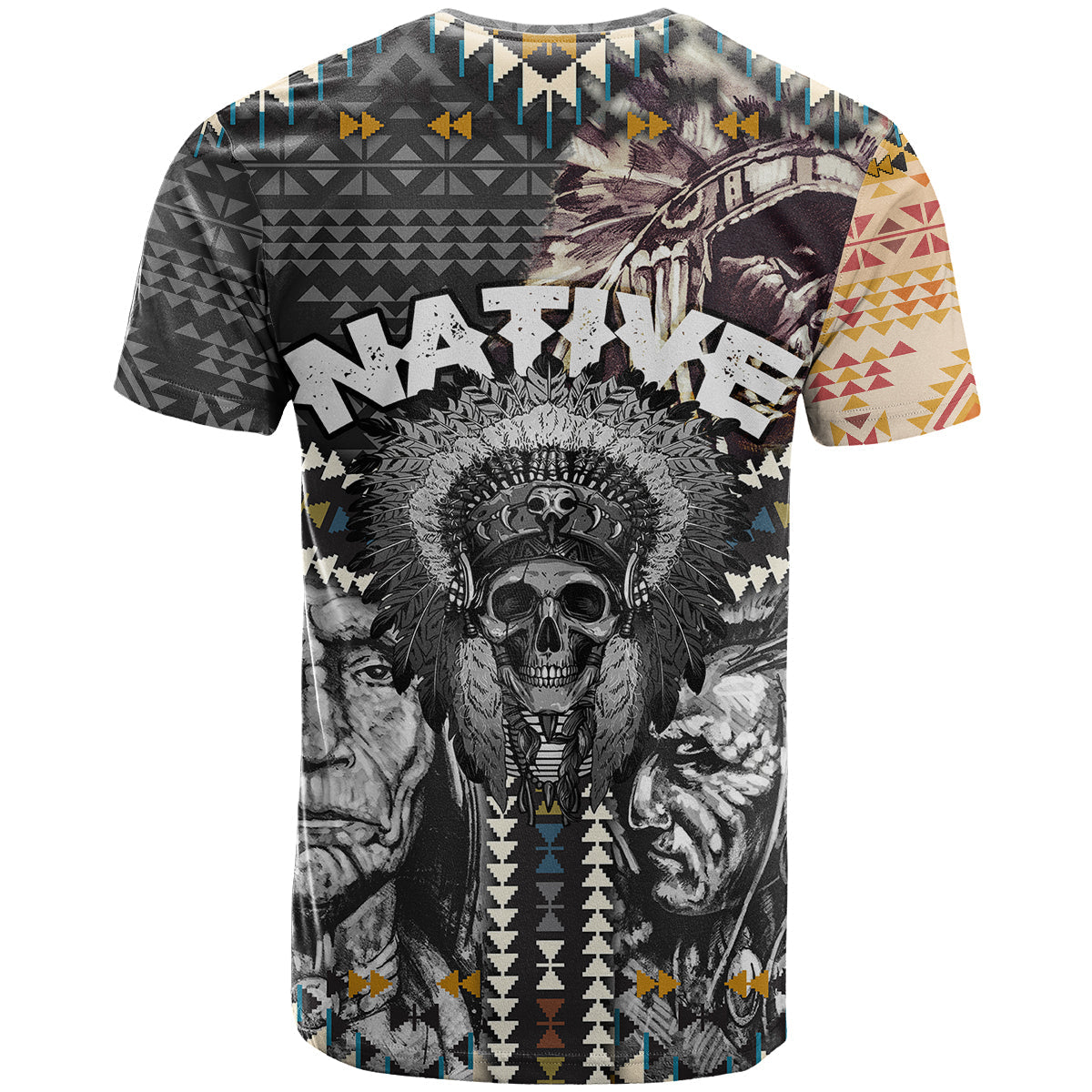 Native American Headdress Gray With Human Skull African Pattern T-Shirt Graphic Tee