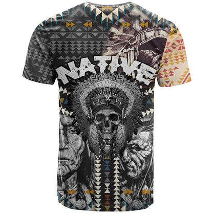Native American Headdress Gray With Human Skull African Pattern T-Shirt Graphic Tee
