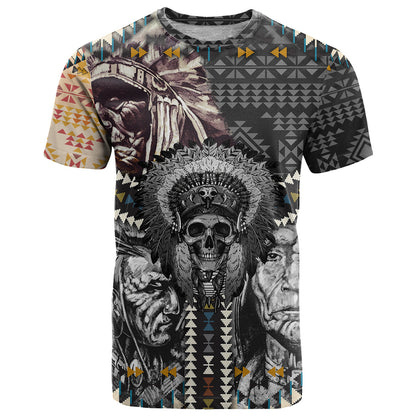 Native American Headdress Gray With Human Skull African Pattern T-Shirt Graphic Tee