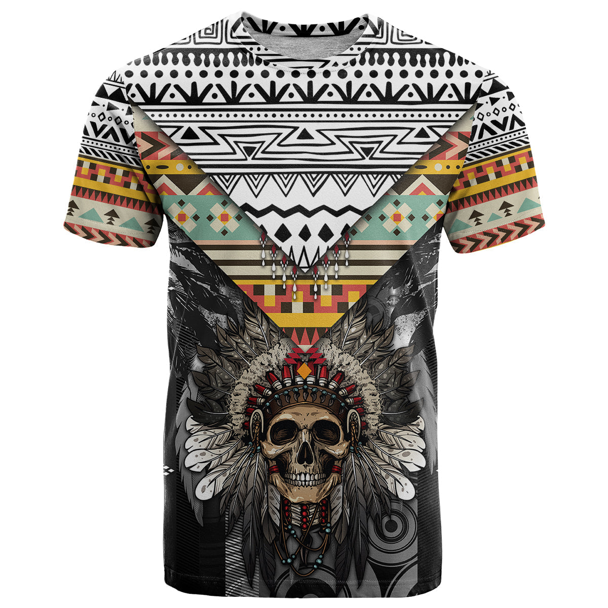 Native American Headdress With Human Skull African Pattern With Geometric Motifs T-Shirt Graphic Tee
