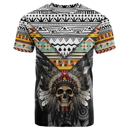 Native American Headdress With Human Skull African Pattern With Geometric Motifs T-Shirt Graphic Tee
