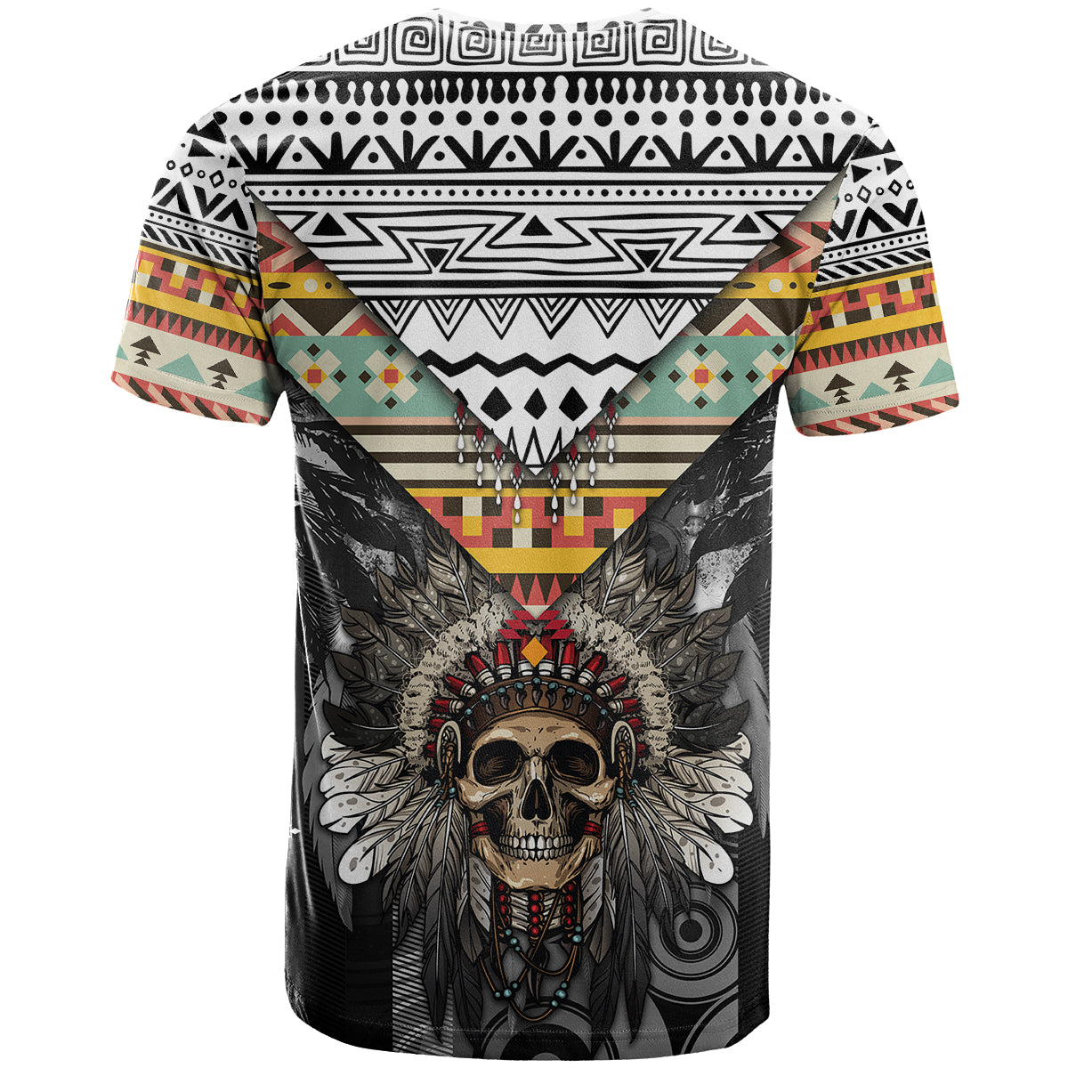 Native American Headdress With Human Skull African Pattern With Geometric Motifs T-Shirt Graphic Tee