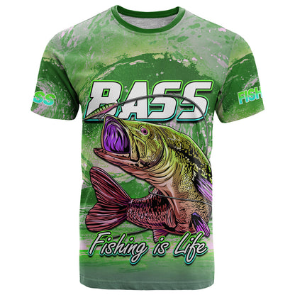 Fishing T-Shirt Bass Fishing is Life Hook Sport Largemouth GreenLT9 Graphic Tee