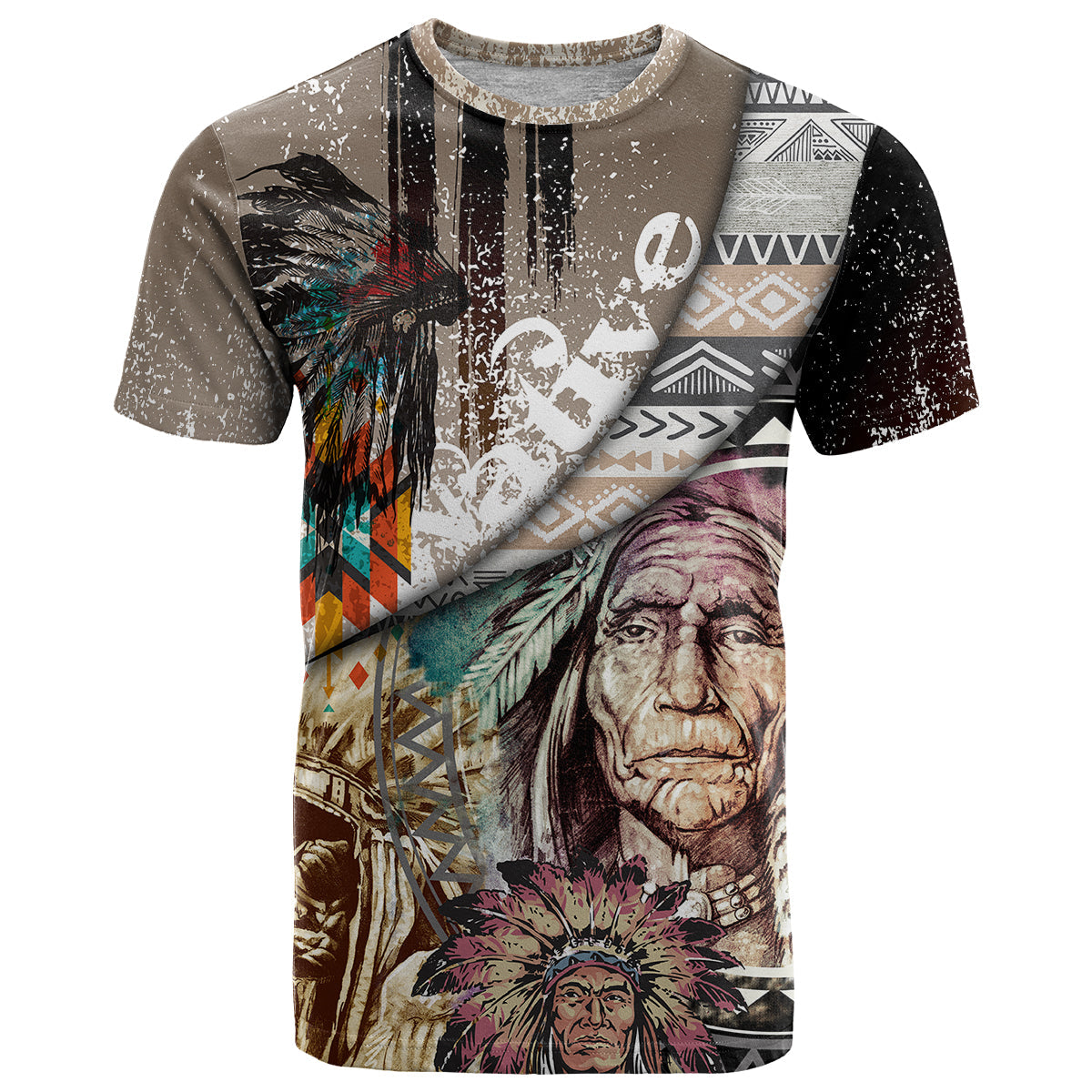 Native American Feather Headdress Portrait Of American Indian Colorful Distress Beton Texture T-Shirt Graphic Tee