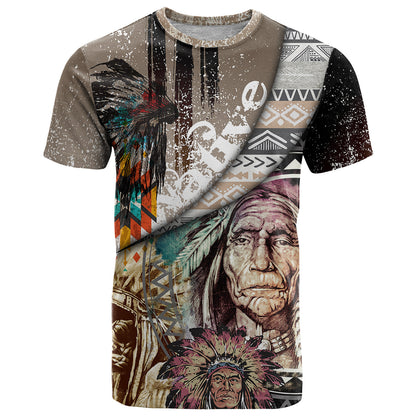 Native American Feather Headdress Portrait Of American Indian Colorful Distress Beton Texture T-Shirt Graphic Tee