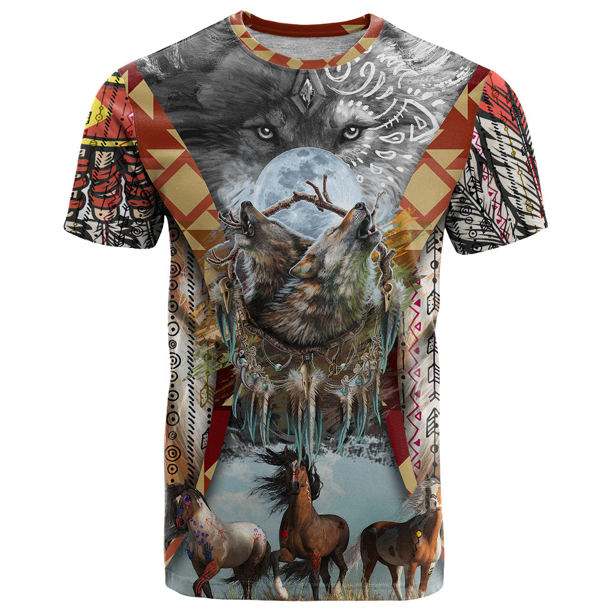 Native American Feather Headdress With Native Horses And Three Wolves In Moonlight African Pattern T-Shirt Graphic Tee