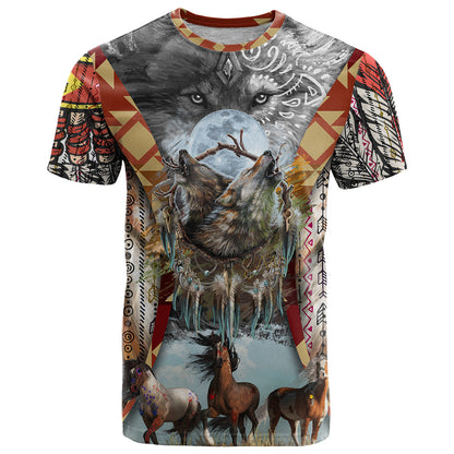 Native American Feather Headdress With Native Horses And Three Wolves In Moonlight African Pattern T-Shirt Graphic Tee