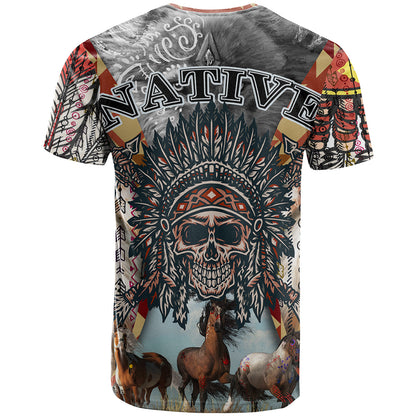 Native American Feather Headdress With Native Horses And Three Wolves In Moonlight African Pattern T-Shirt Graphic Tee