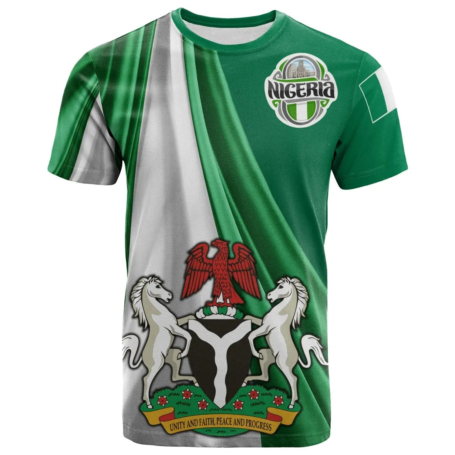 Nigeria T-Shirt Nigerian Waving Flag With Coat Of Arms Graphic Tee