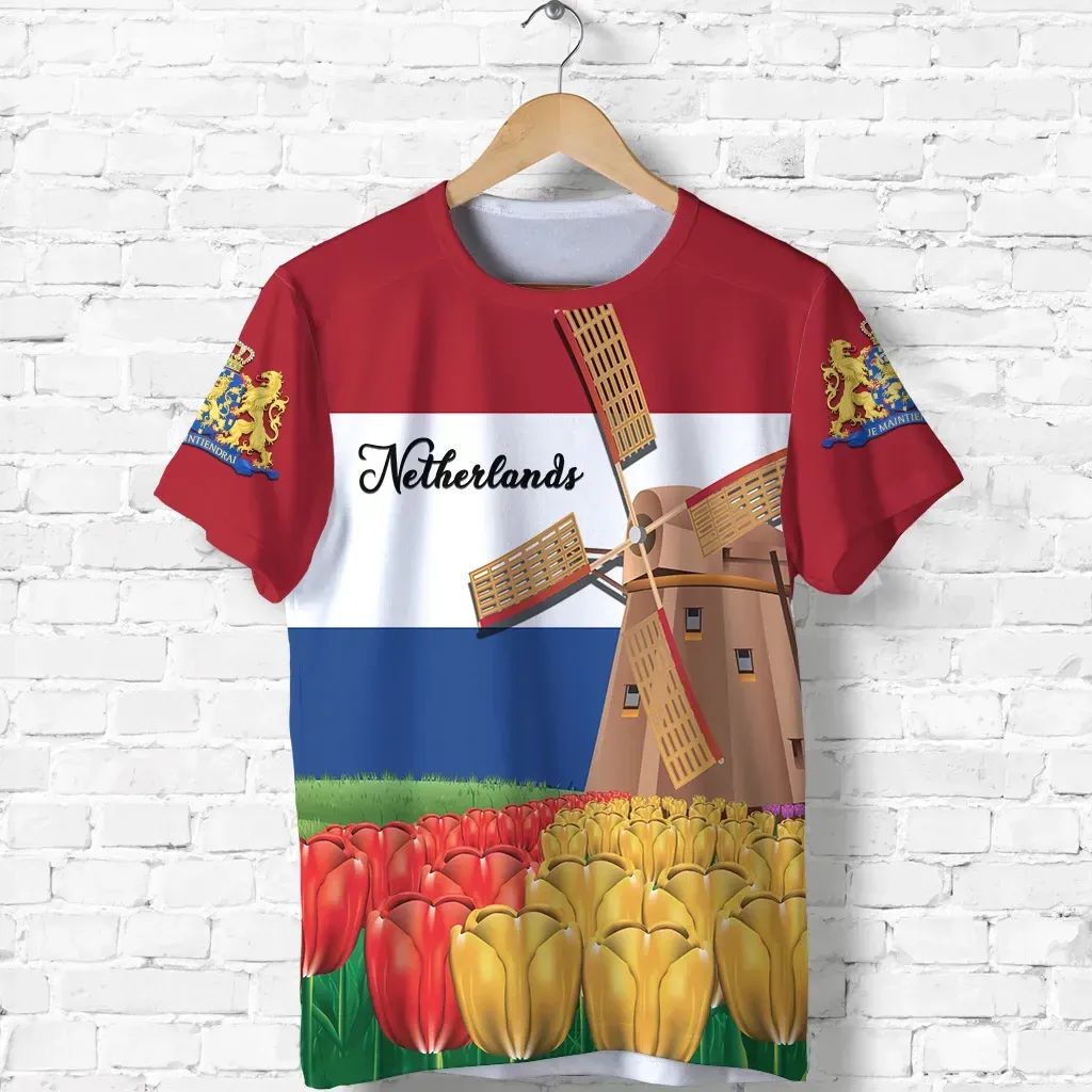 Netherlands Windmill and Tulips T-Shirt Graphic Tee