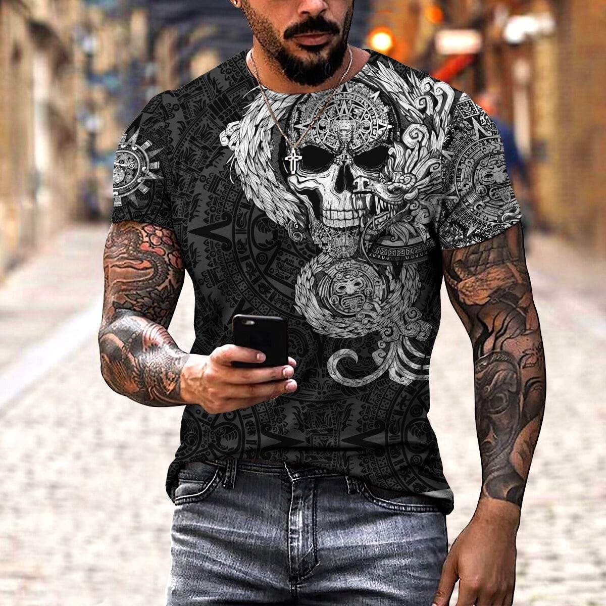 Mexico Aztec T-Shirt Quetzalcoatl Skull Tattoo Graphic Tee