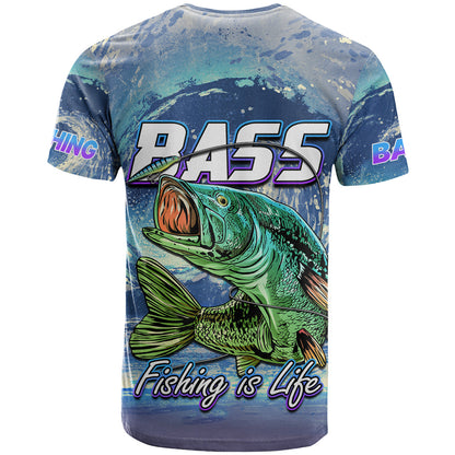 Fishing T-Shirt Bass Fishing is Life Hook Sport Largemouth Blue Graphic Tee