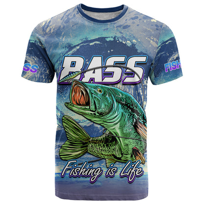 Fishing T-Shirt Bass Fishing is Life Hook Sport Largemouth Blue Graphic Tee