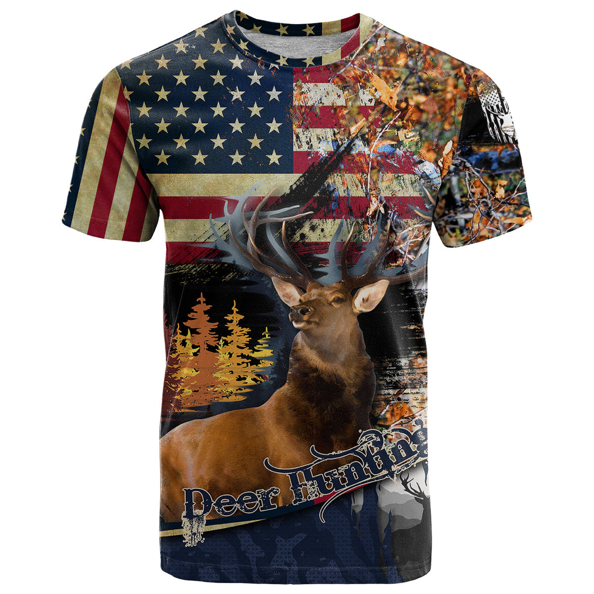 Deer Hunting American Flag Deciduous Forest Pattern T-Shirt Graphic Tee