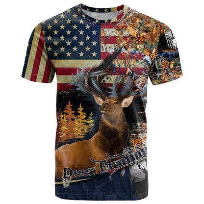 Deer Hunting American Flag Deciduous Forest Pattern T-Shirt Graphic Tee