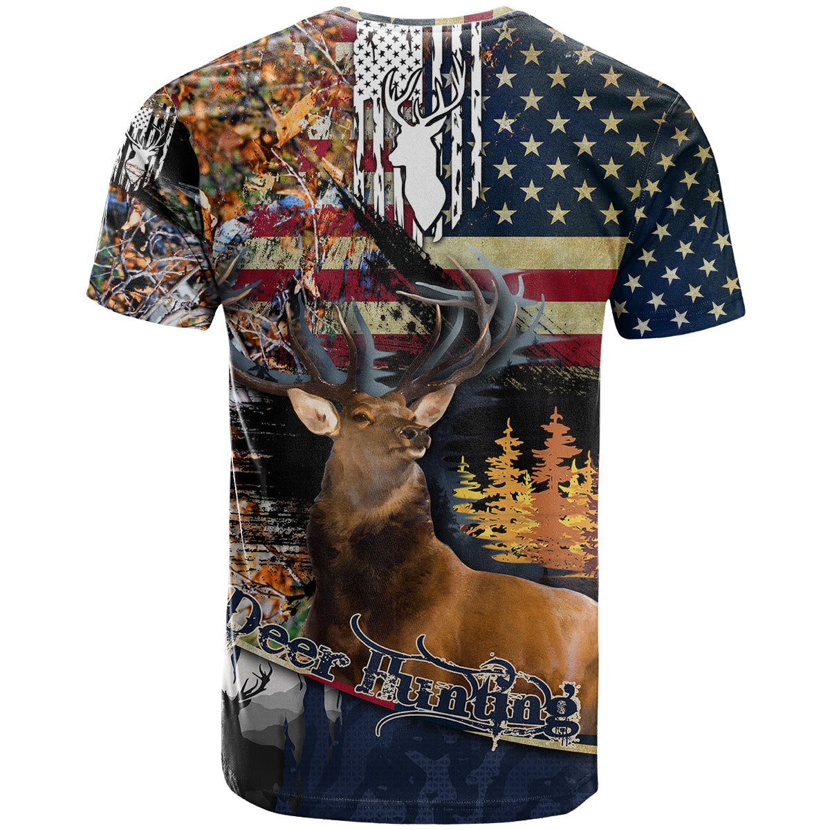 Deer Hunting American Flag Deciduous Forest Pattern T-Shirt Graphic Tee