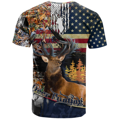 Deer Hunting American Flag Deciduous Forest Pattern T-Shirt Graphic Tee
