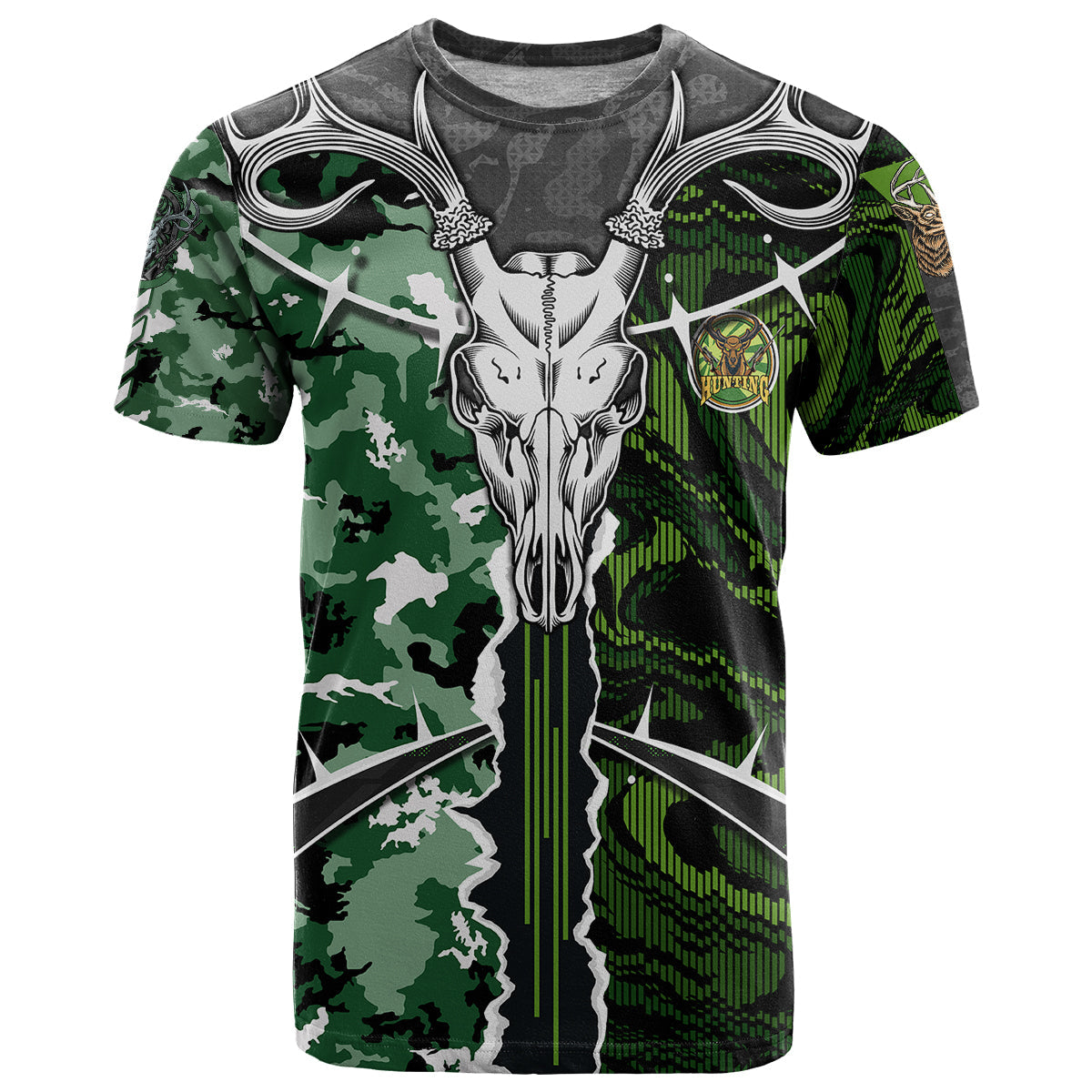 Deer Hunting Green Abstract Pattern T-Shirt Graphic Tee