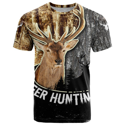 Deer Hunting Old Tree Bark Texture And Dry Broadleaf Forest Abstract Pattern T-Shirt Graphic Tee