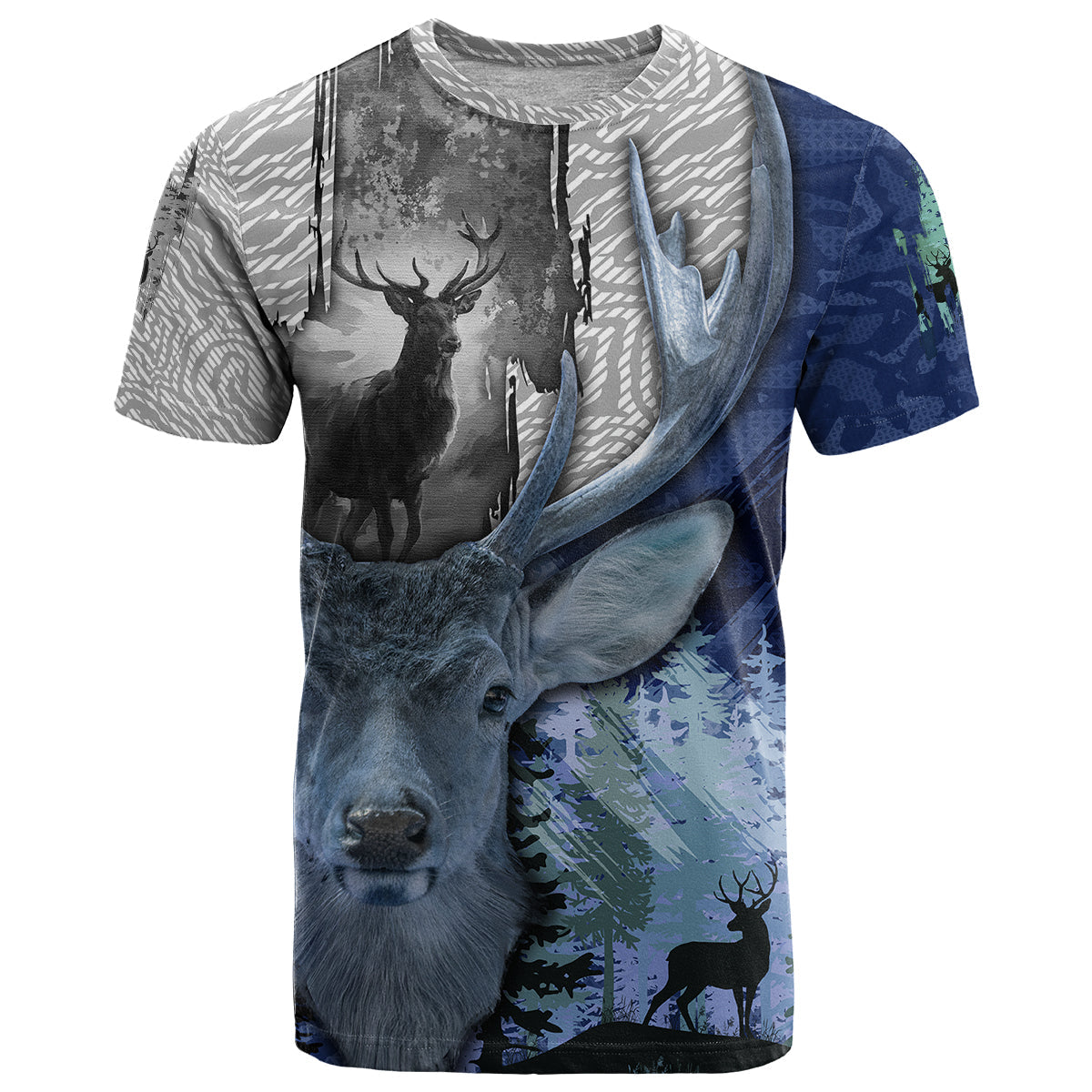 Deer Hunting Stag In The Night Abstract Pattern T-Shirt Graphic Tee
