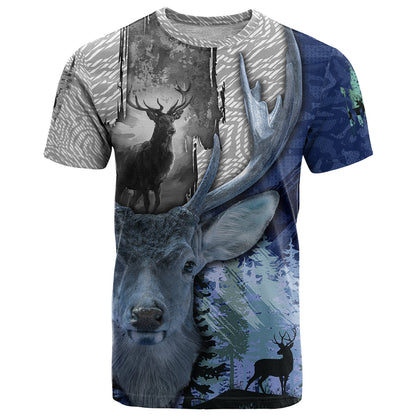 Deer Hunting Stag In The Night Abstract Pattern T-Shirt Graphic Tee