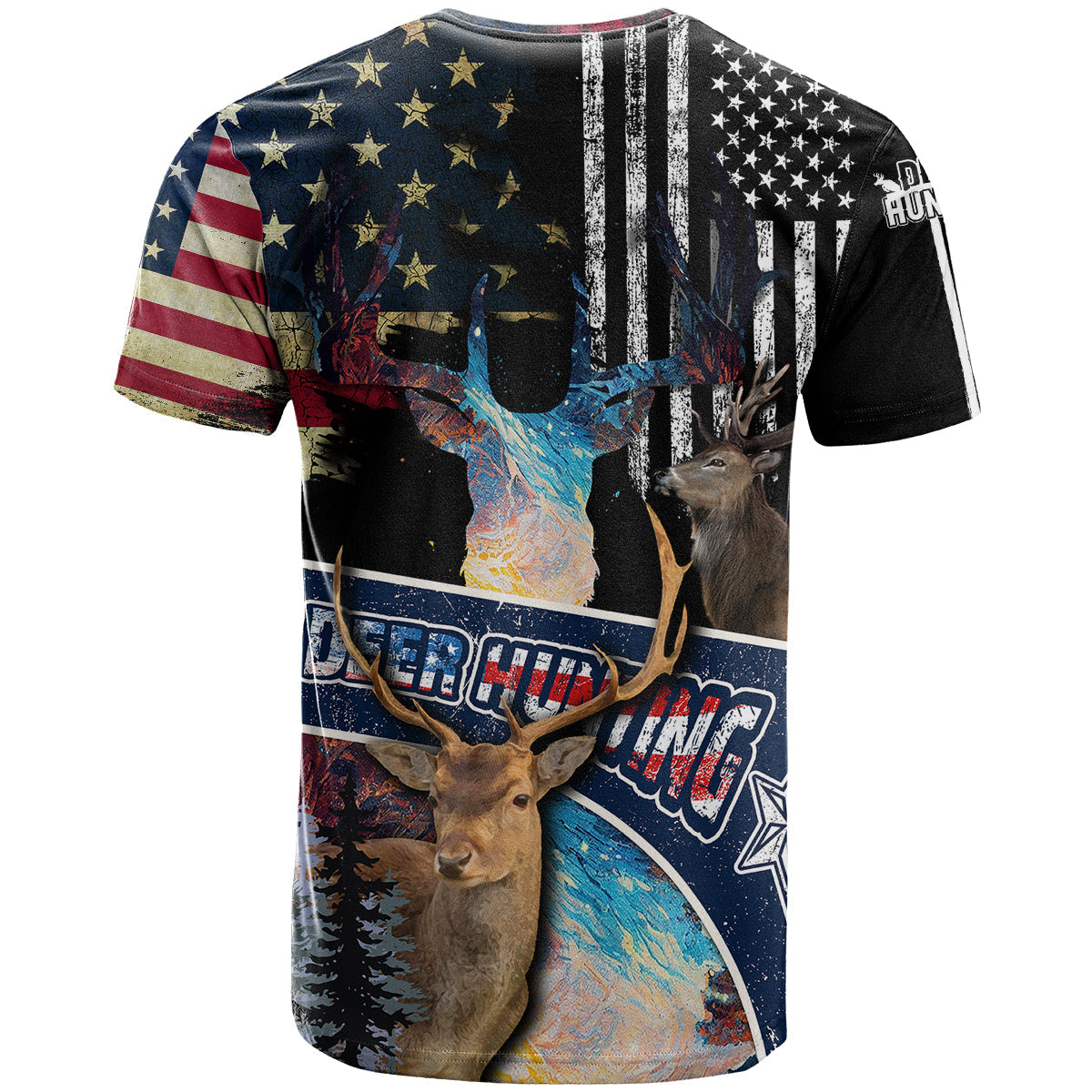 Deer Hunting American Flag Tie Dye Forest Painting Pattern T-Shirt Graphic Tee