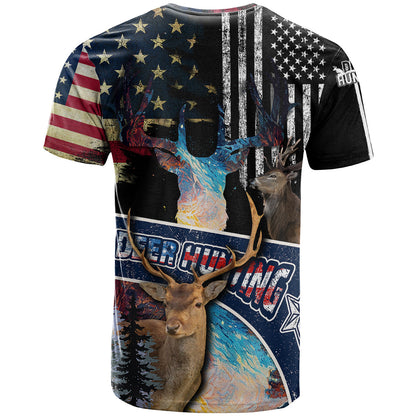 Deer Hunting American Flag Tie Dye Forest Painting Pattern T-Shirt Graphic Tee