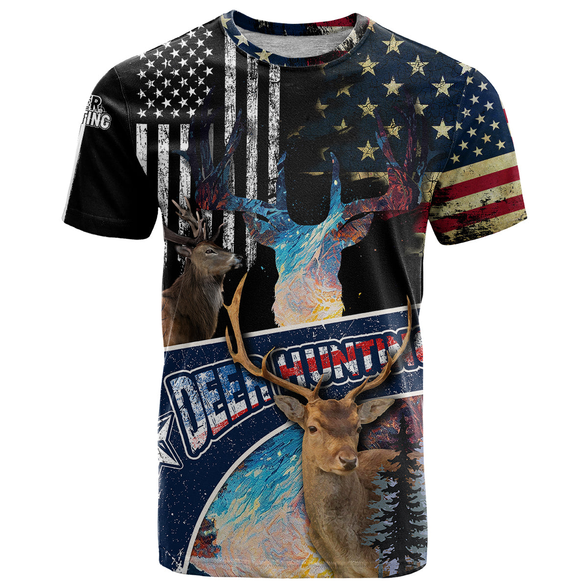 Deer Hunting American Flag Tie Dye Forest Painting Pattern T-Shirt Graphic Tee