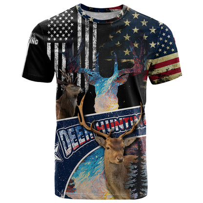 Deer Hunting American Flag Tie Dye Forest Painting Pattern T-Shirt Graphic Tee