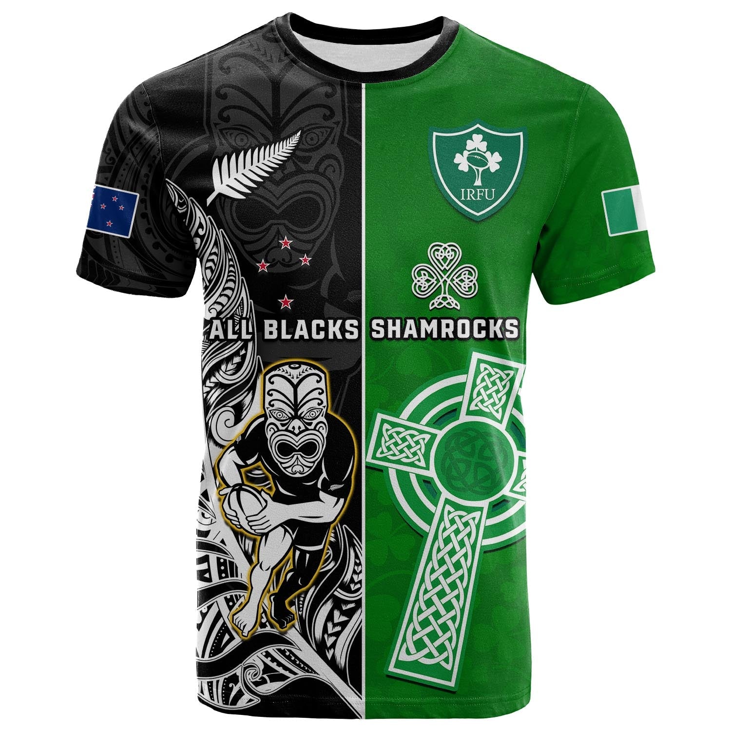 Custom New Zealand And Ireland Rugby T-Shirt All Black Maori Mix Shamrocks Graphic Tee