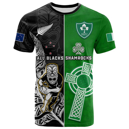 Custom New Zealand And Ireland Rugby T-Shirt All Black Maori Mix Shamrocks Graphic Tee