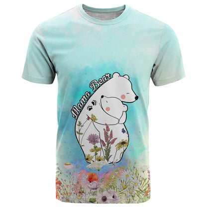 Mother's Day Mama Bear Mix Wild Flowers T-Shirt Graphic Tee