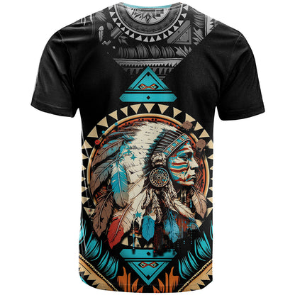 Native American Indian Girl Chief Colorful Feathered Painting T-Shirt Graphic Tee