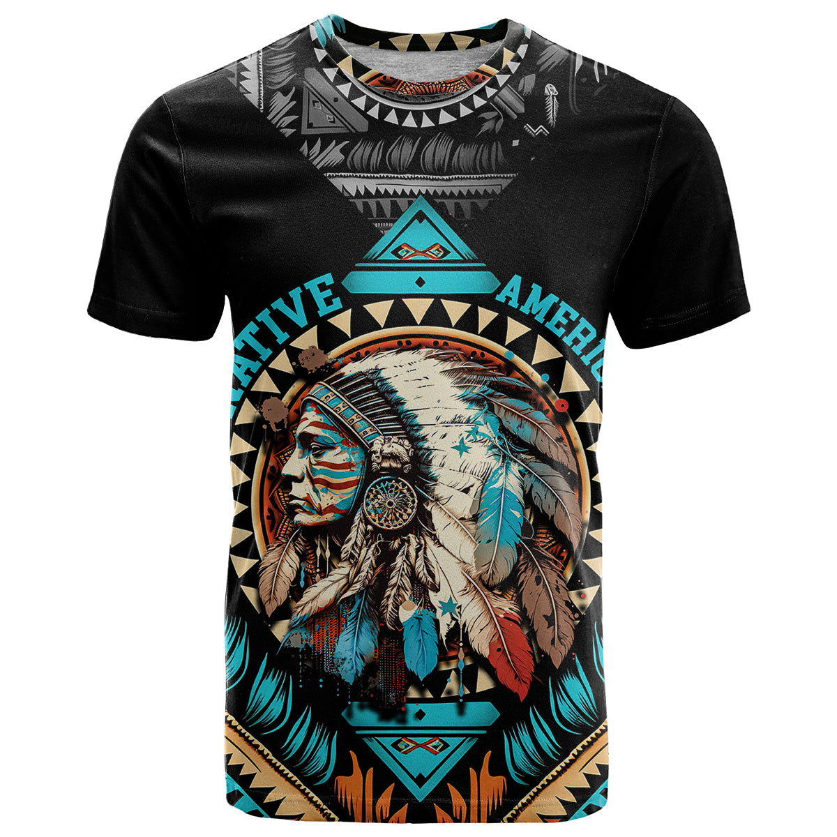 Native American Indian Girl Chief Colorful Feathered Painting T-Shirt Graphic Tee