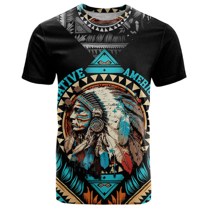Native American Indian Girl Chief Colorful Feathered Painting T-Shirt Graphic Tee