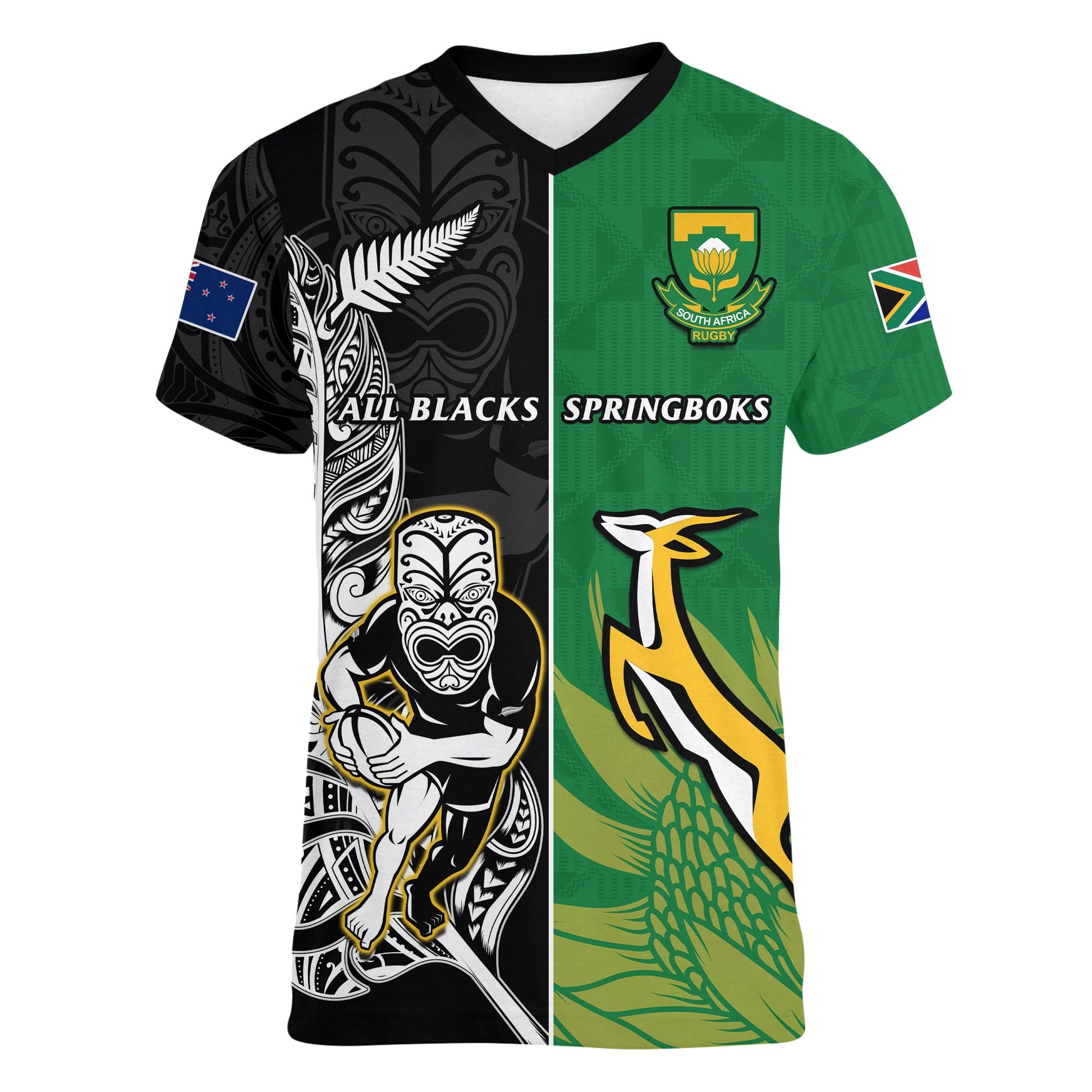 Custom New Zealand And South Africa Rugby V Neck T-Shirt All Black Maori Mix Springboks Graphic Tee