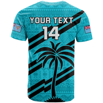 Custom Fiji Rugby Tapa Pattern Fijian 7s Cyan T-Shirt Graphic Tee