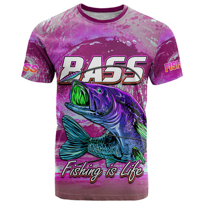 Fishing T-Shirt Bass Fishing is Life Hook Sport Largemouth Pink Graphic Tee