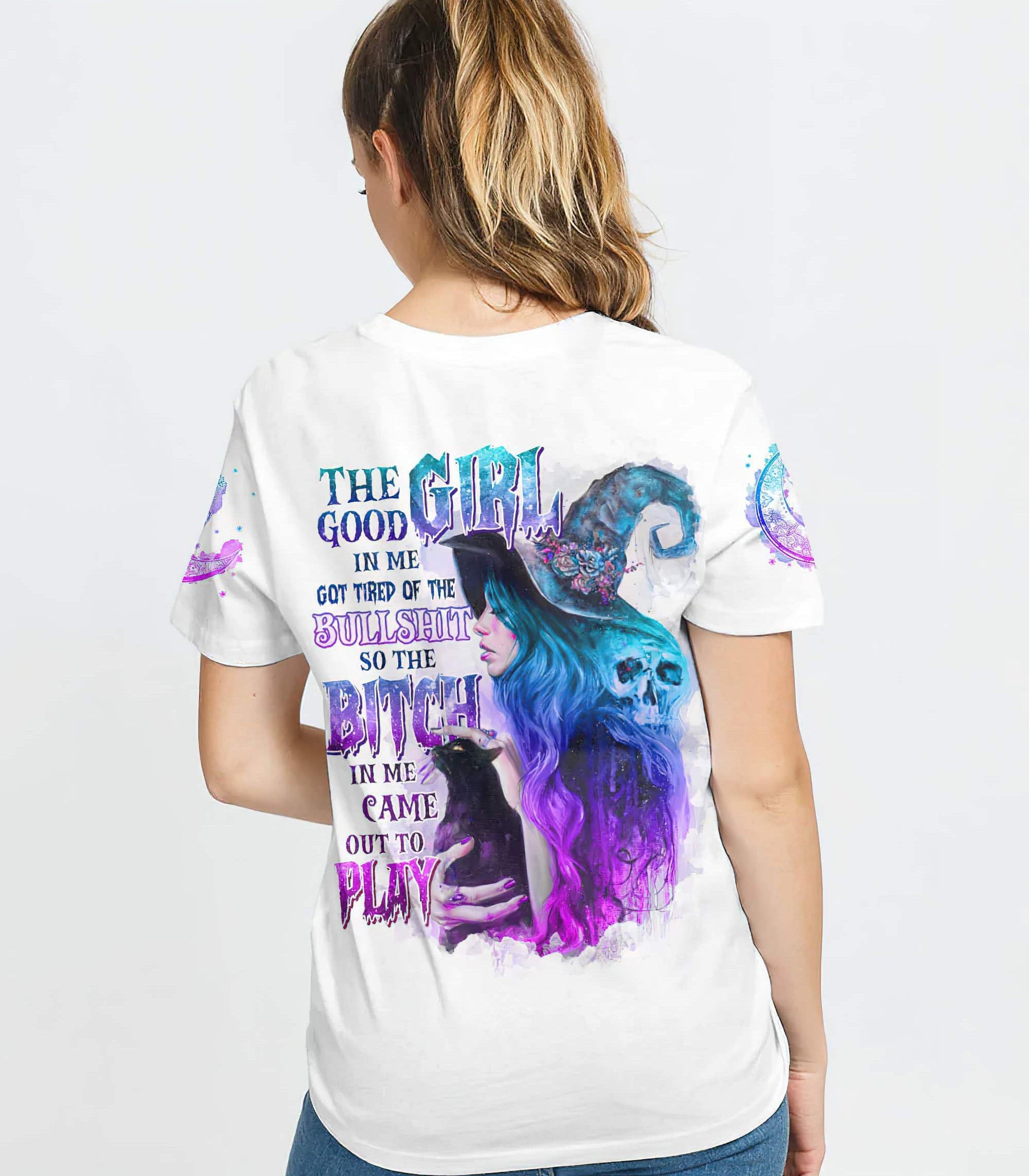 The Good Girl In Me Got Tired Skull Witch Halloween T-Shirt Graphic Tee