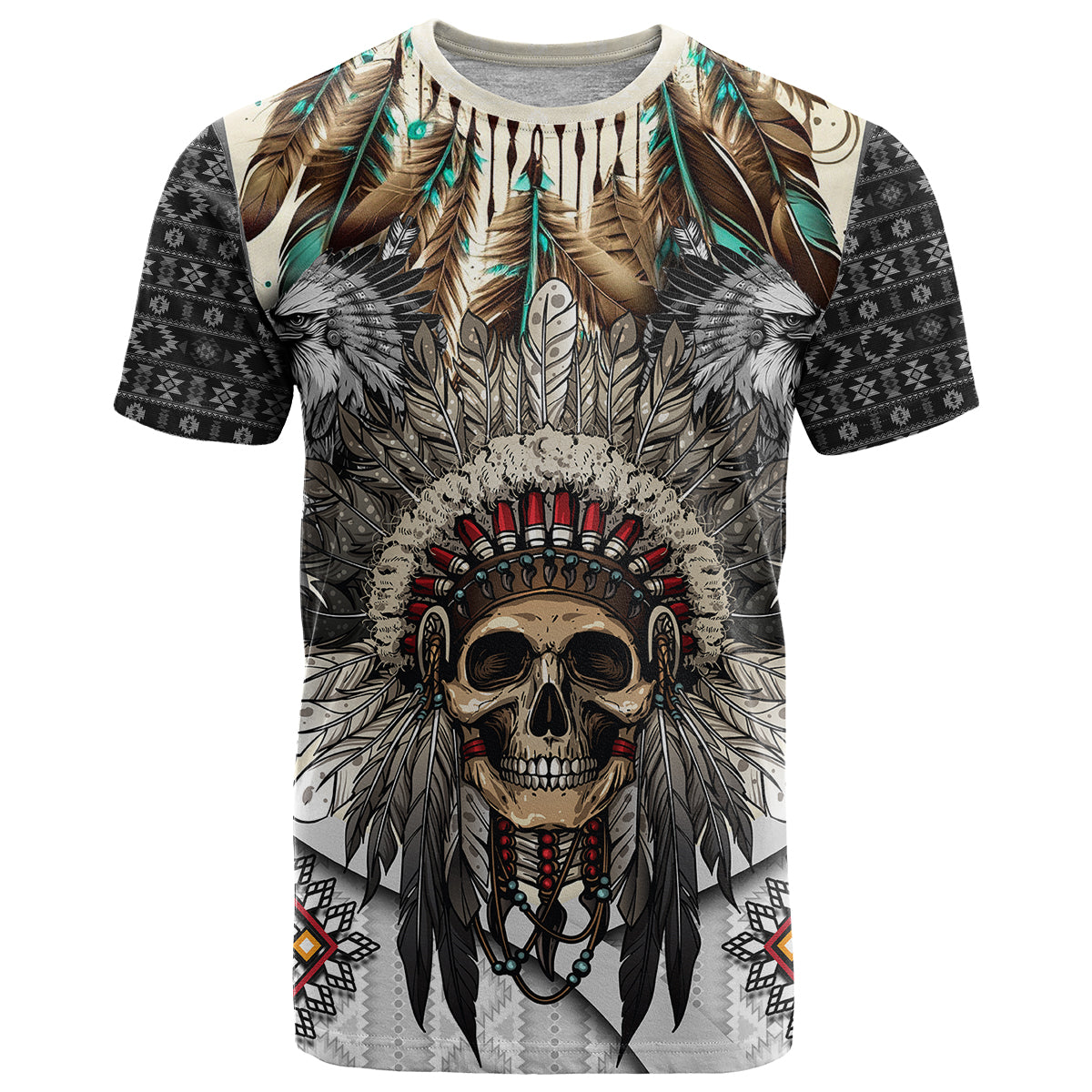 Native American Skull With Eagle Warriors T-Shirt Graphic Tee