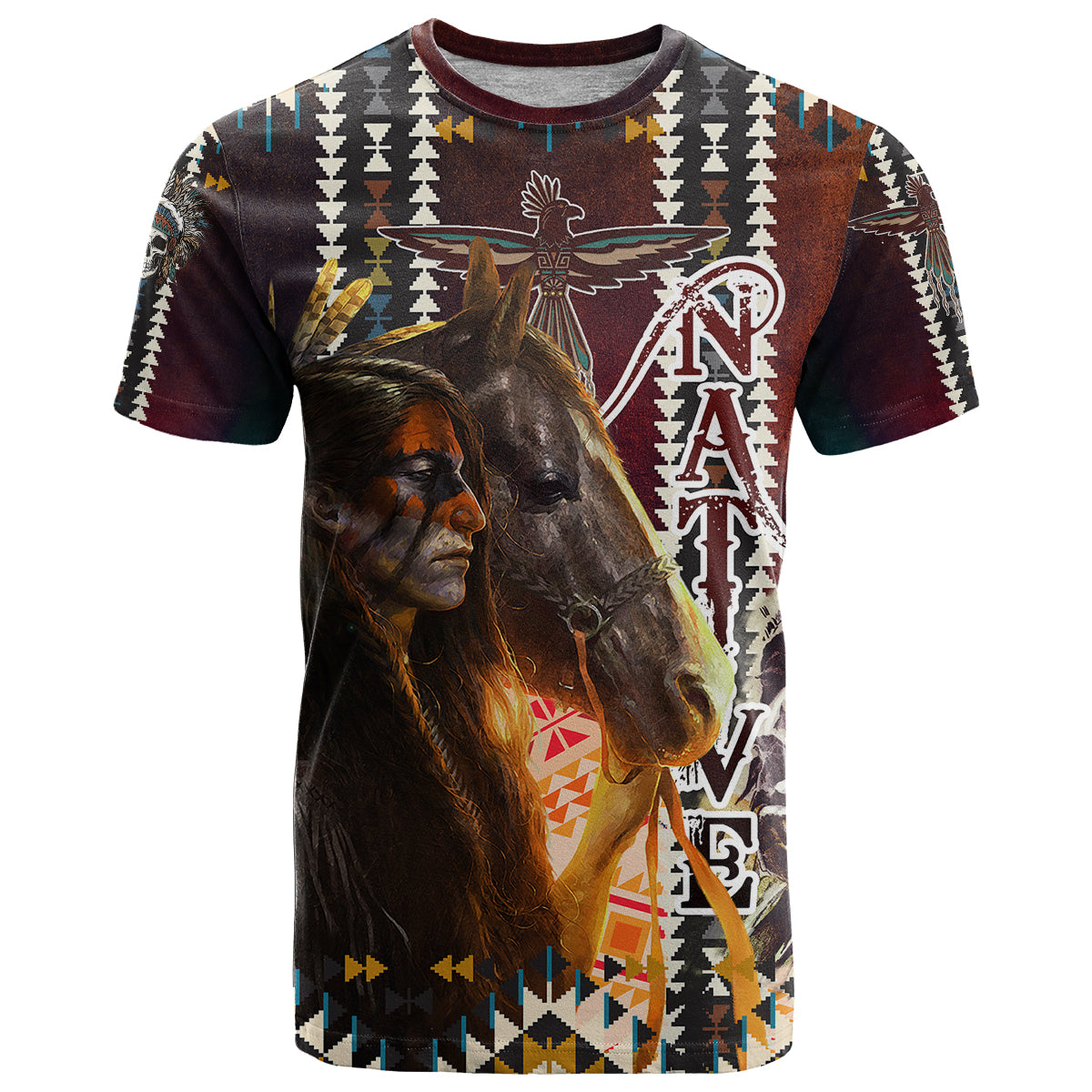 Native American Horse Painting Skull and Eagle Navajo Style T-Shirt Graphic Tee